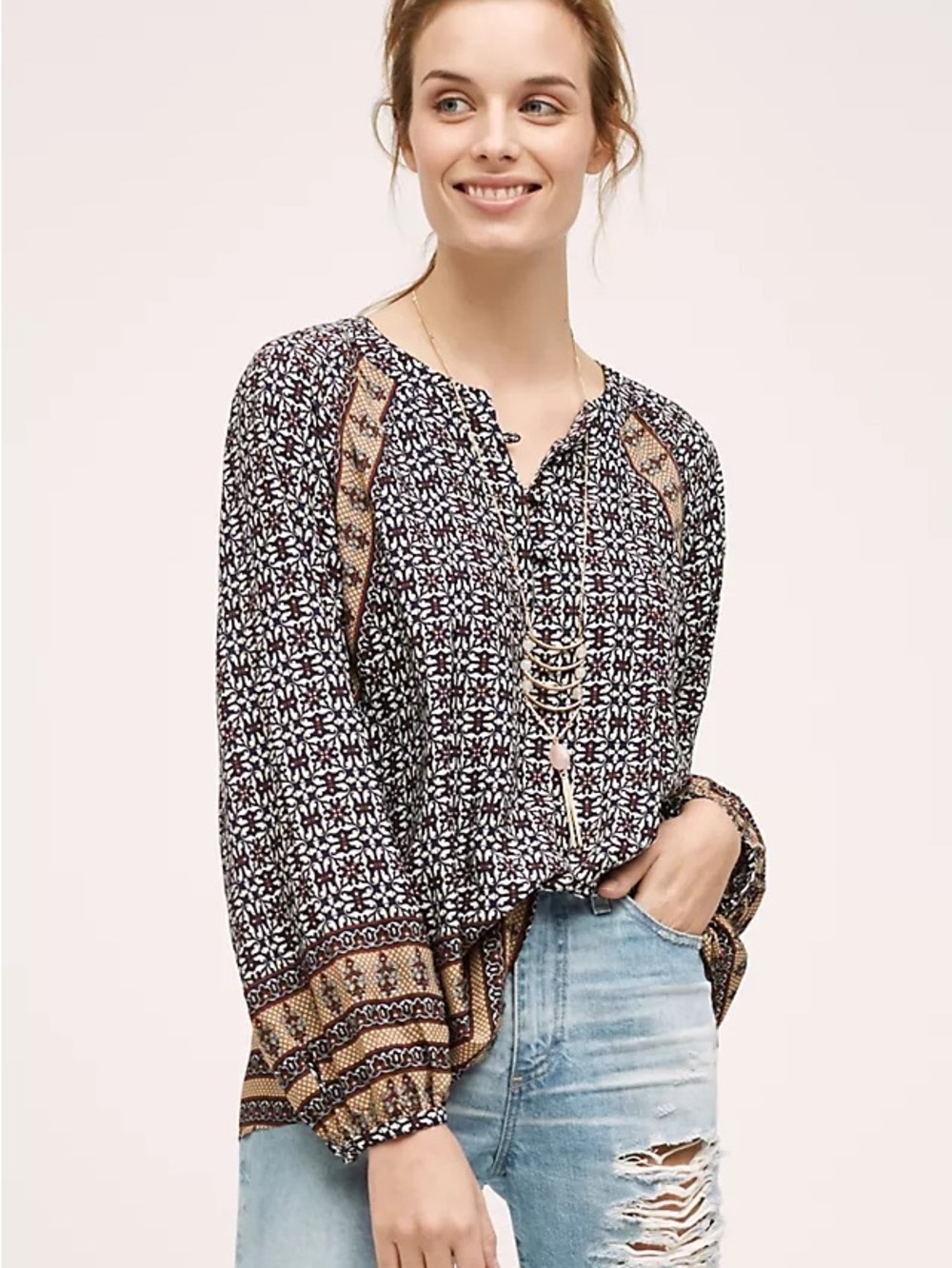 Anthropologie Printed Peasant Blouse in Navy and Tan